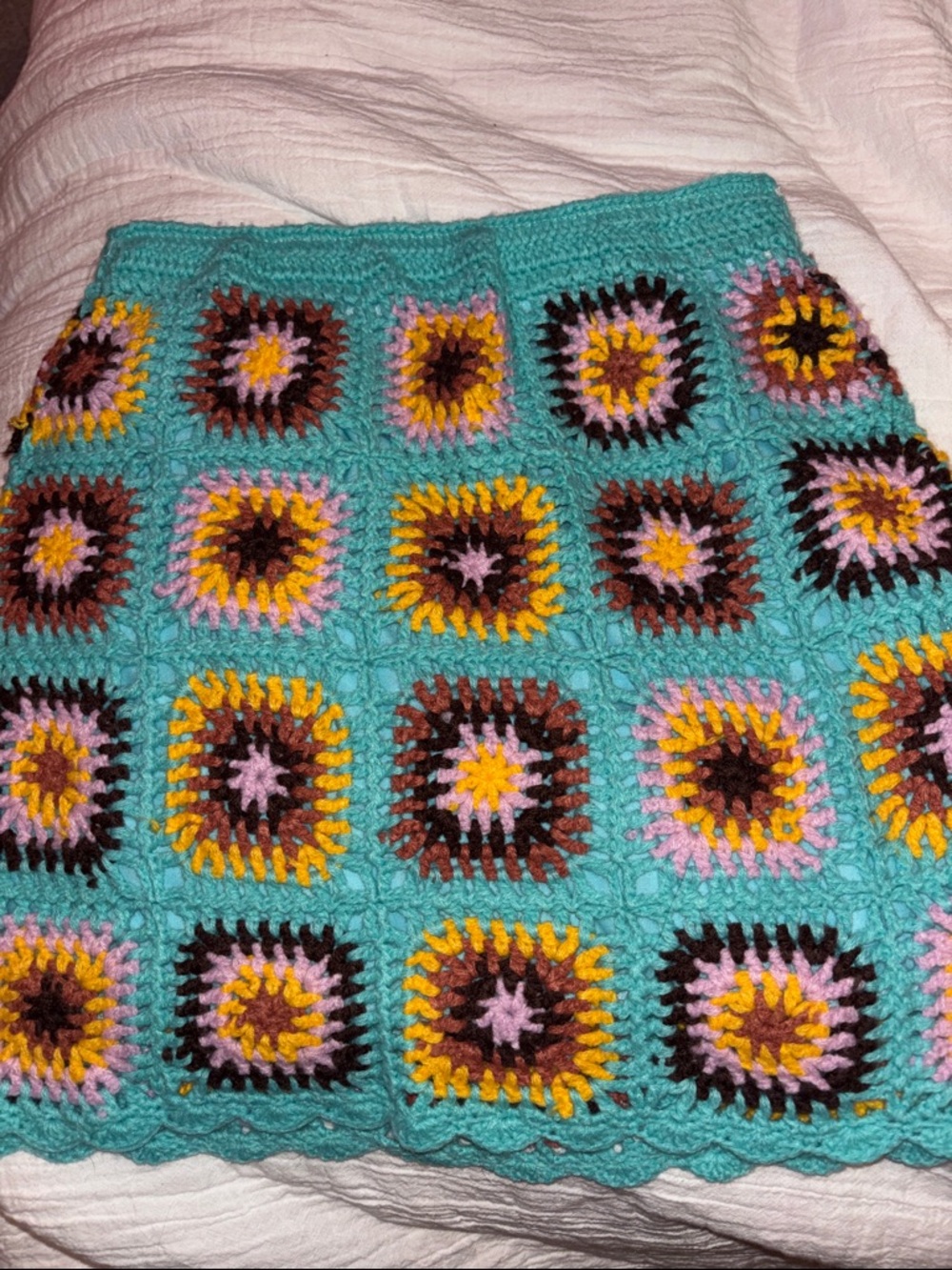 Crochet Patchwork Mini Skirt in Teal and Multicolor